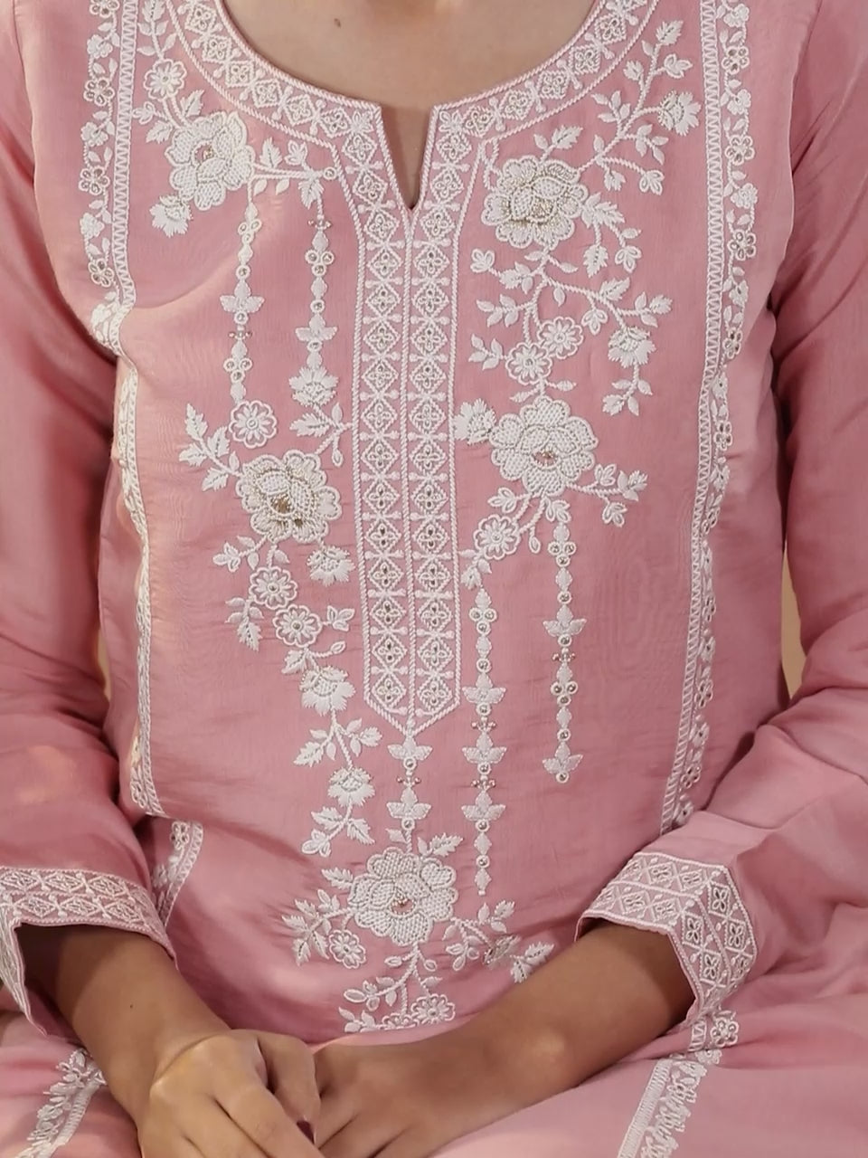  Peach Yoke Design Silk Blend Straight Kurta With Trousers & Dupatta 