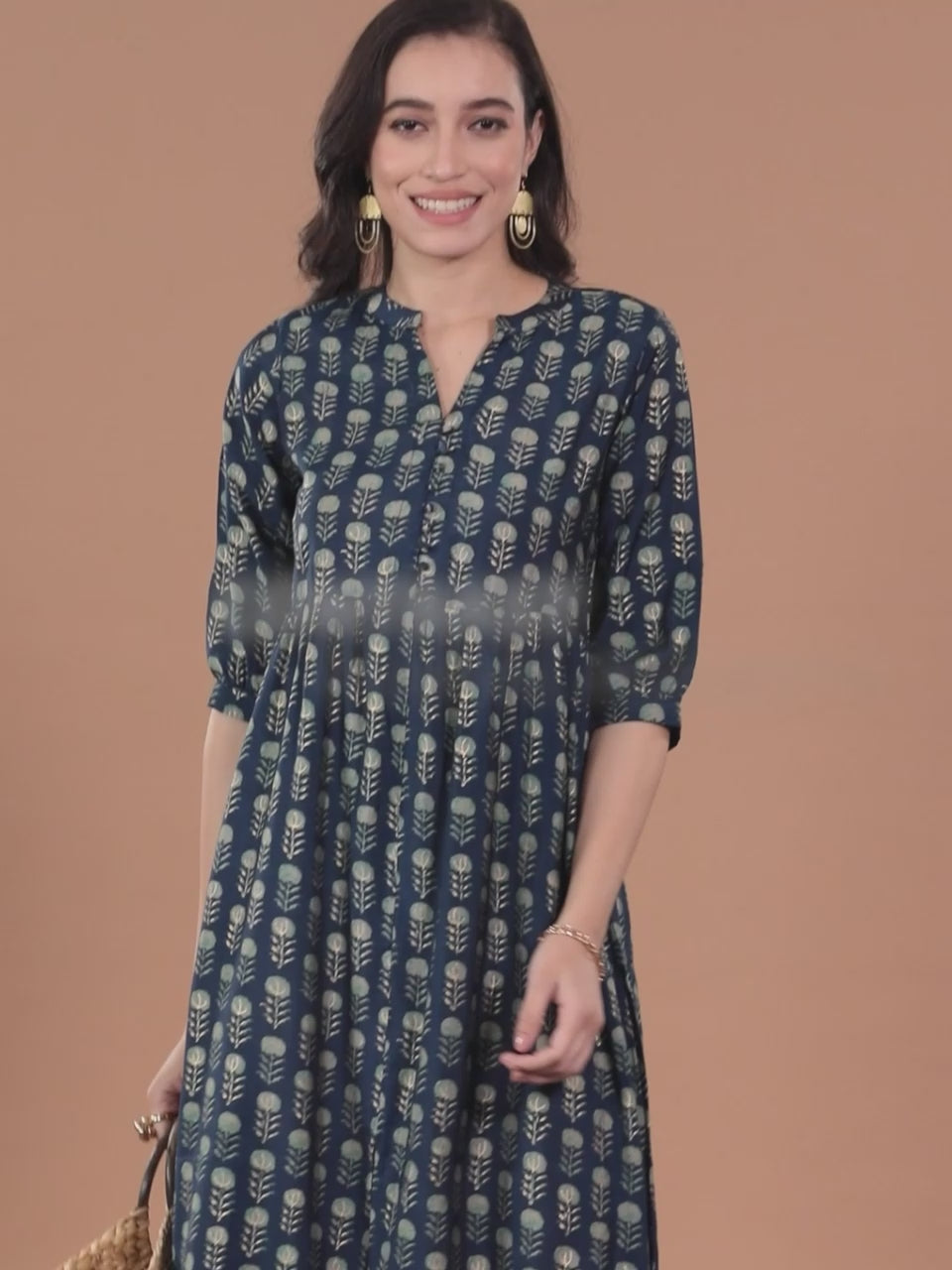 Blue Printed Silk Fit and Flare Dress