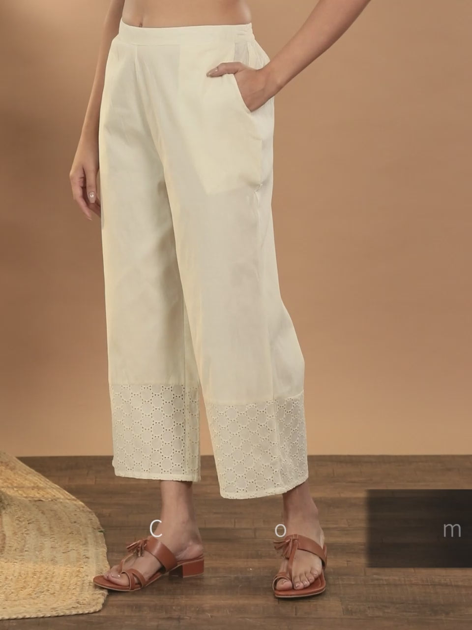  Off White Schiffli Cotton Palazzos 