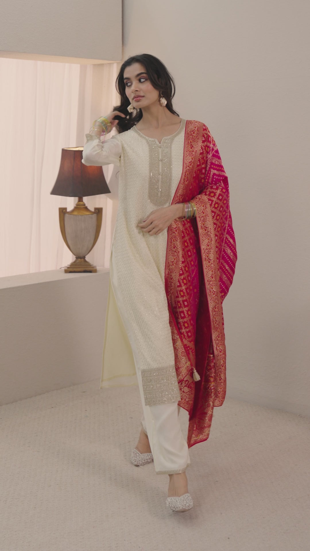  Libas Ivory Embellished Silk Blend Straight Suit Set With Dupatta 