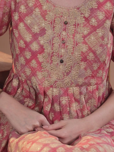 Peach Printed Silk Blend Anarkali Suit With Dupatta