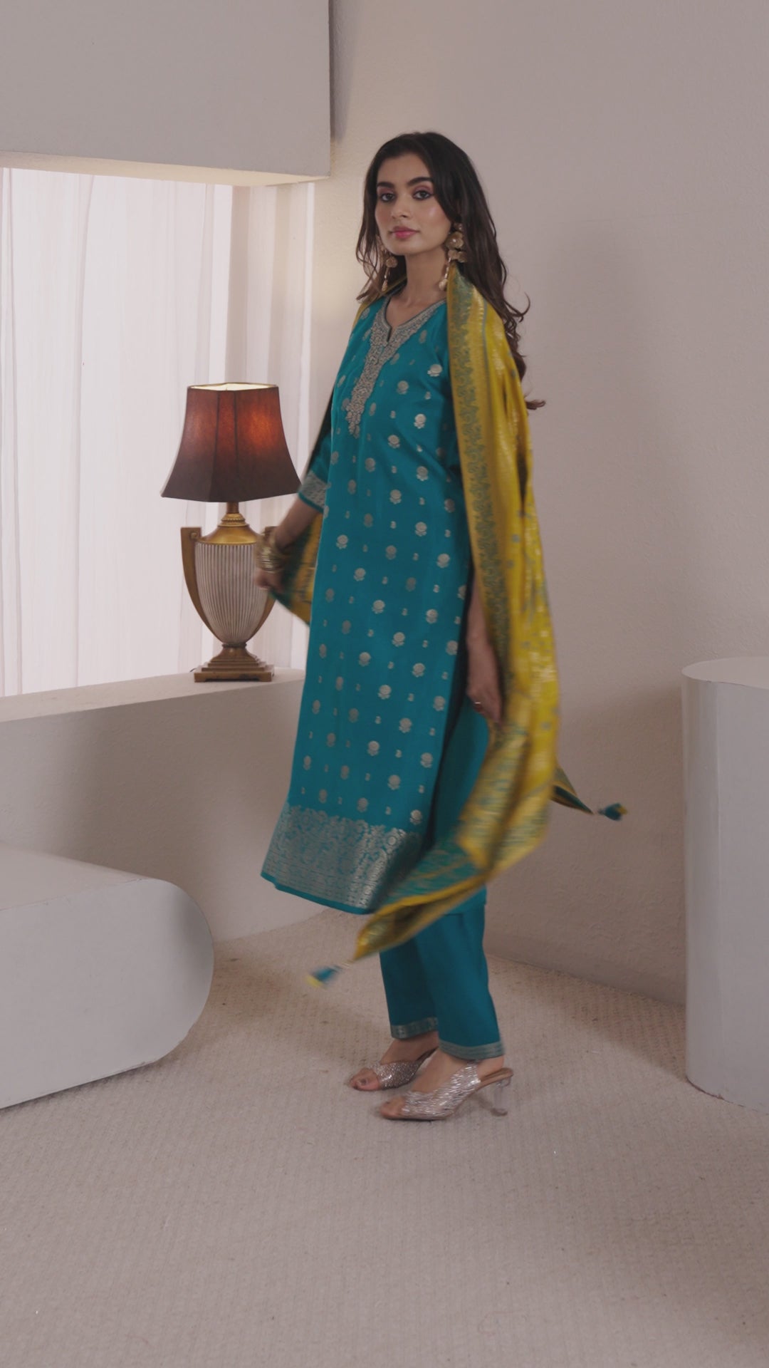  Libas Green Floral Woven Design Silk Blend Straight Suit Set With Dupatta 