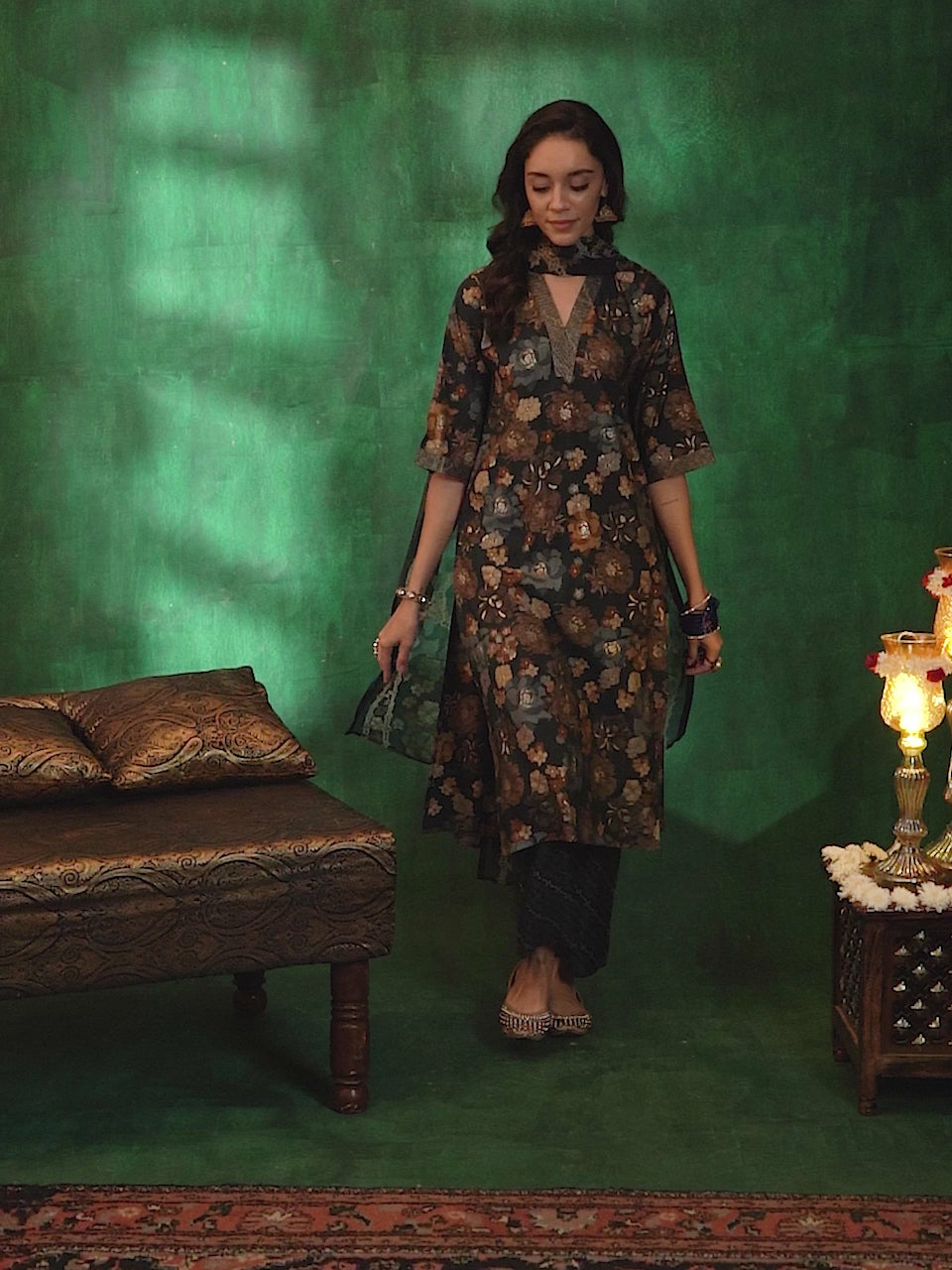  Blue Printed Silk Blend Straight Suit With Dupatta 