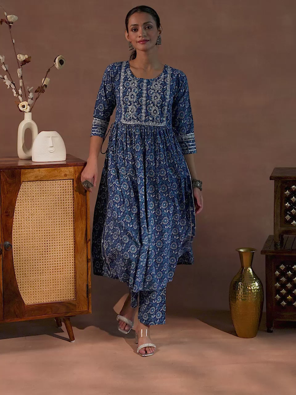  Indigo Printed Cotton A-Line Kurta With Trousers 