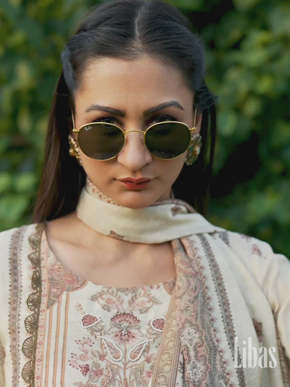  Beige Printed Silk Blend Pakistani Suit 