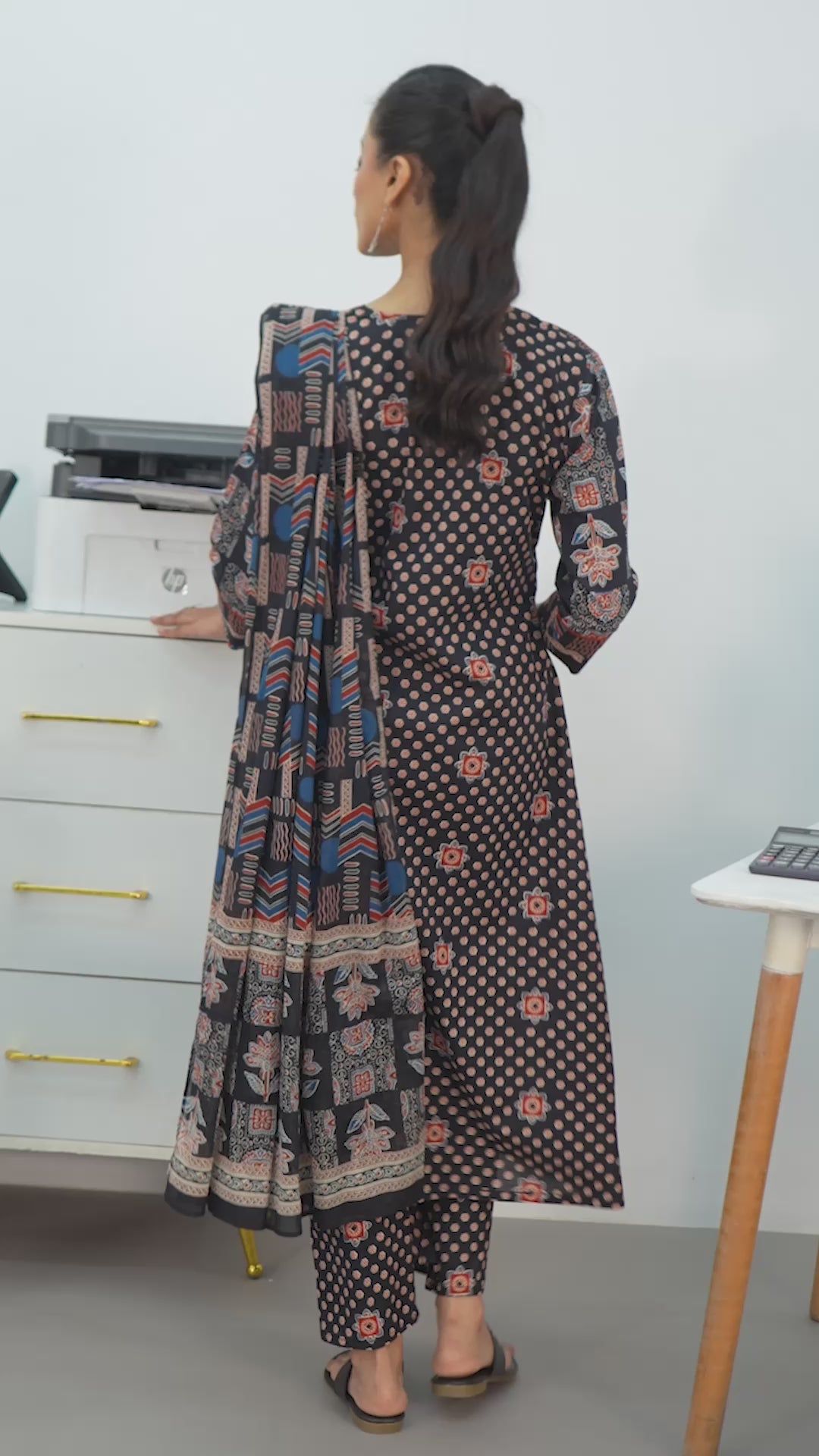  Black Ethnic Motifs Printed Cotton Blend A-Line Suit Set With Dupatta 