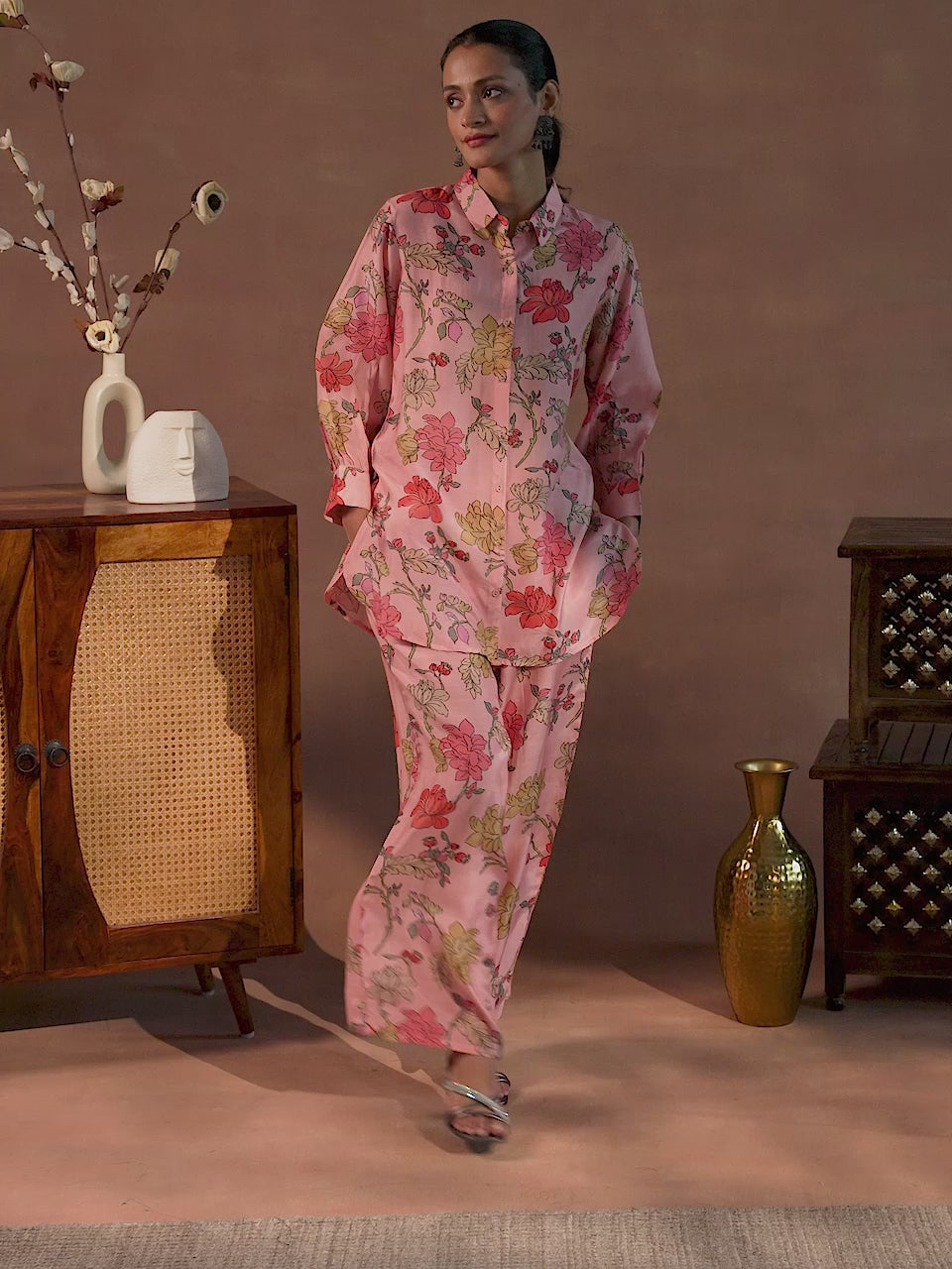  Peach Printed Silk Blend Co-Ords 