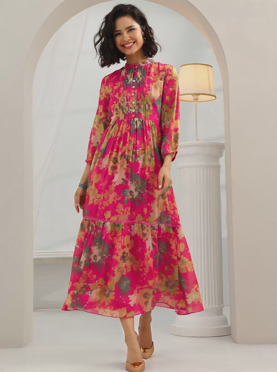  Pink Printed Chiffon Fit And Flare One Piece Dress 