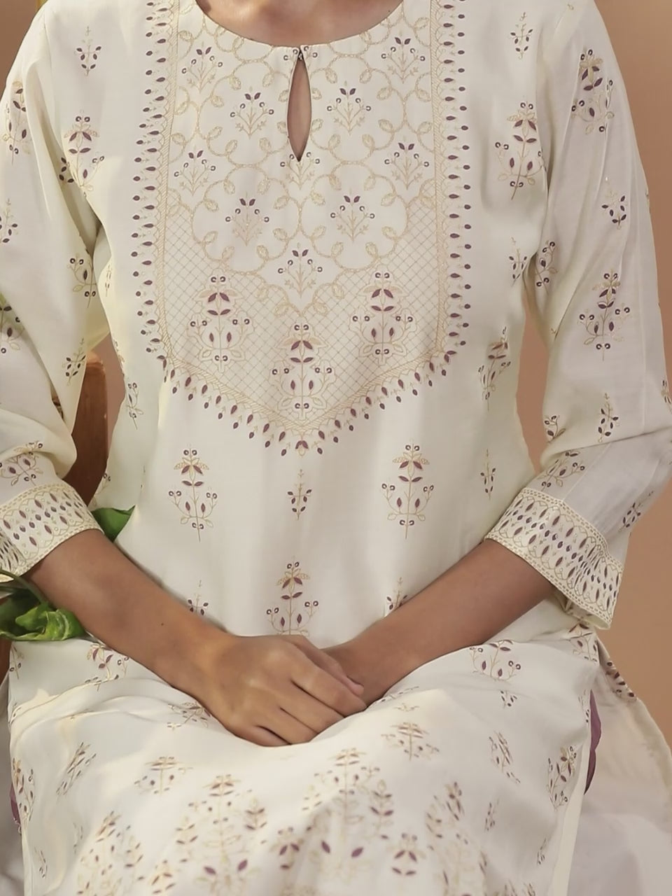  Cream Printed Chanderi Silk Straight Kurta With Trousers & Dupatta 