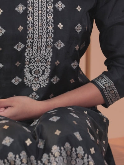 Black Woven Design Silk Blend Straight Suit With Dupatta