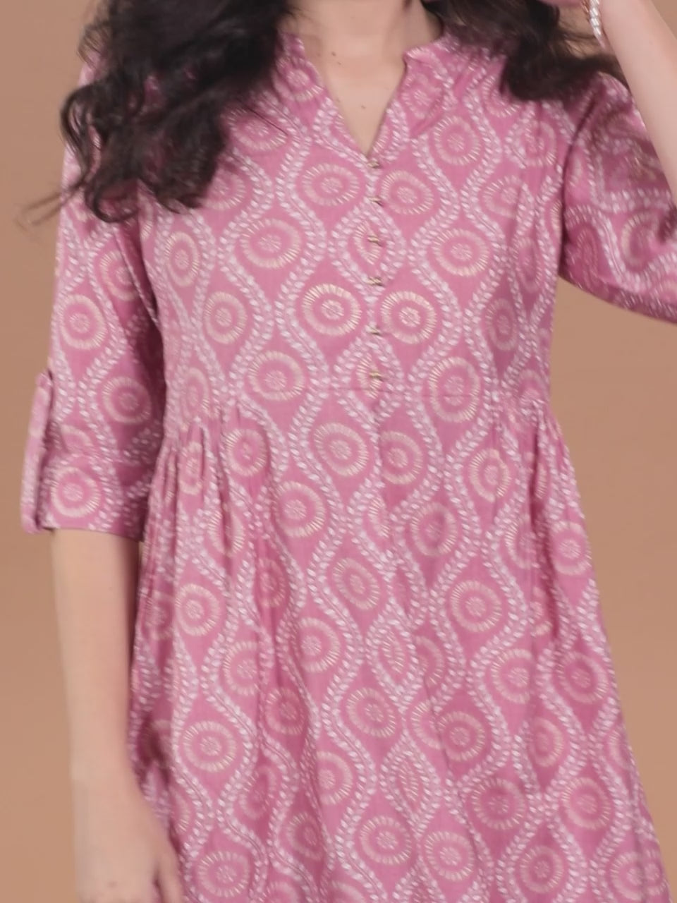  Pink Printed Silk Fit and Flare Dress 