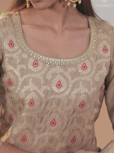 Taupe Woven Design Silk Blend Straight Suit With Dupatta