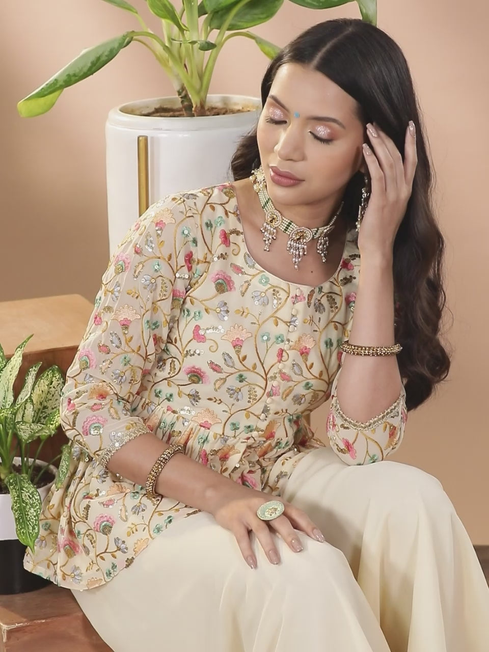  Yellow Embroidered Georgette A-Line Kurti With Palazzos & Dupatta 