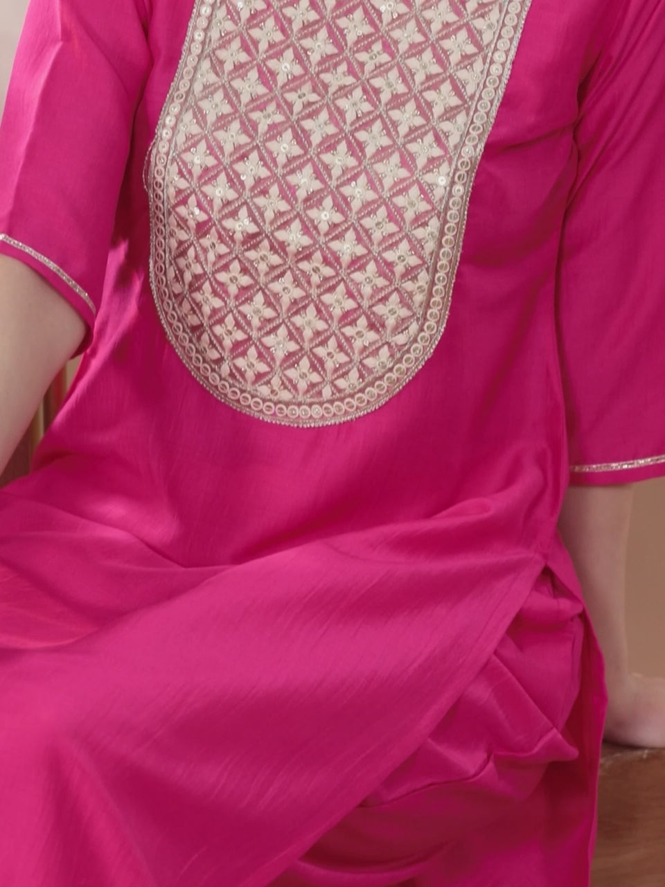 Pink Yoke Design Silk Blend Straight Kurta With Trousers & Dupatta