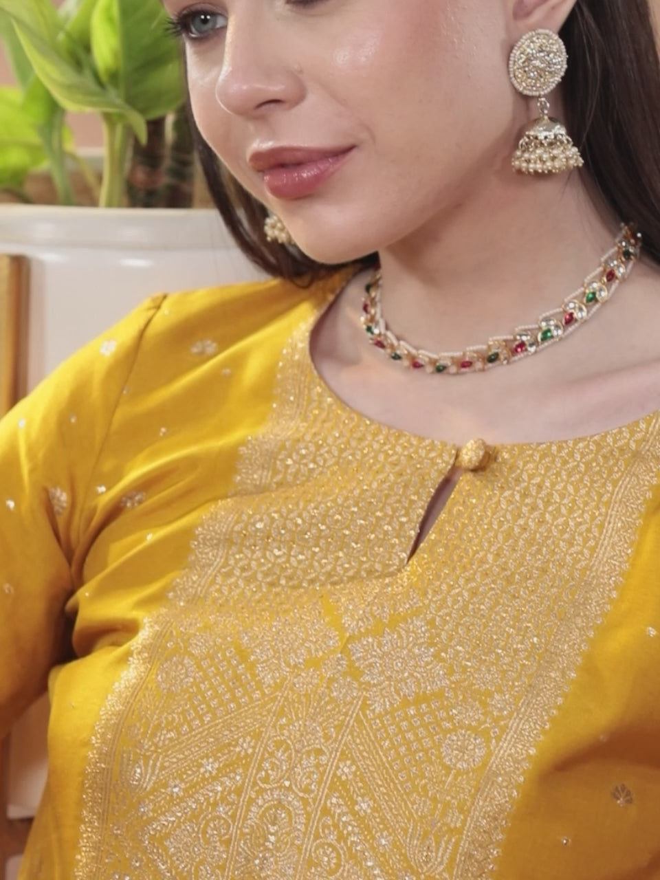  Yellow Woven Design Silk Straight Suit With Dupatta 