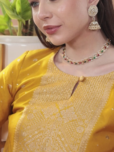 Yellow Woven Design Silk Straight Suit With Dupatta