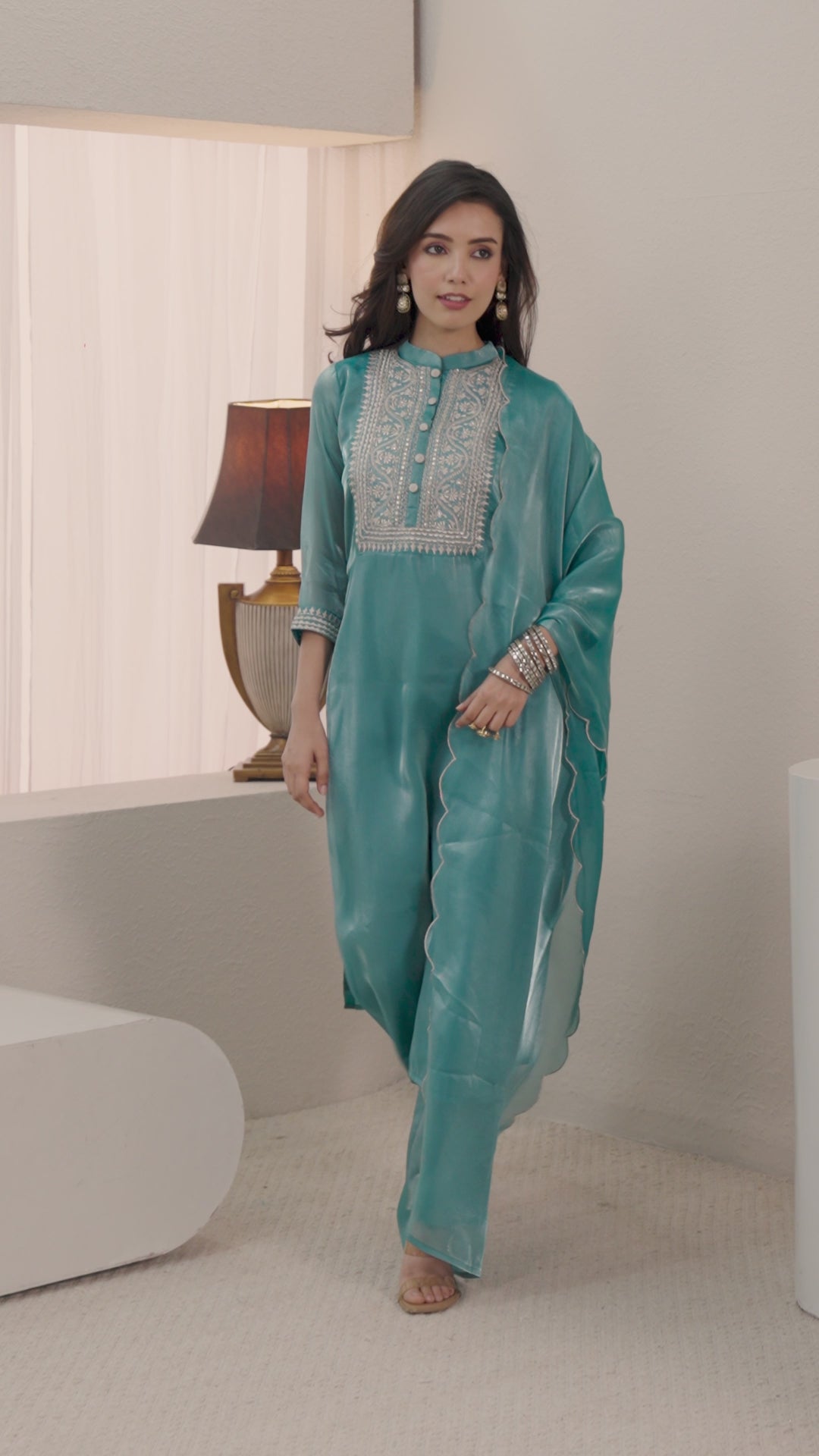  Gerua Blue Yoke Design Tissue Straight Suit Set 