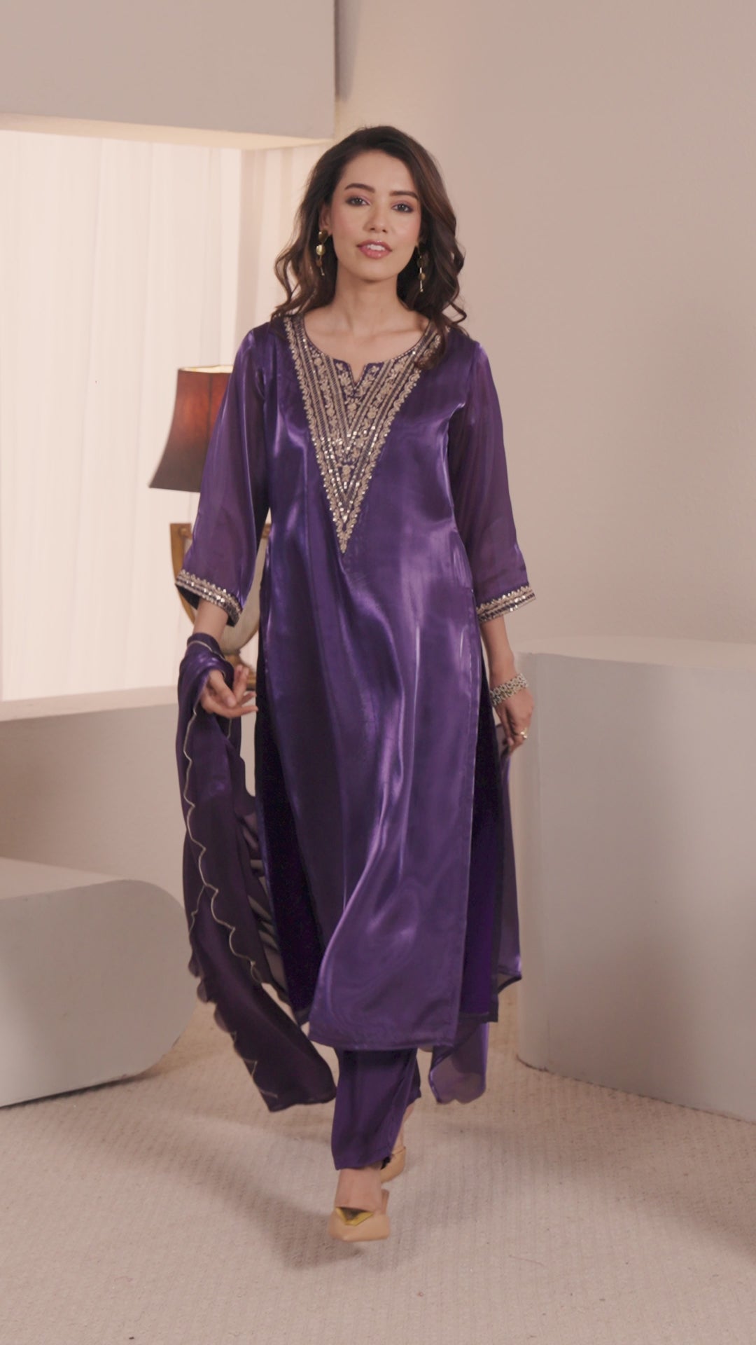 Gerua Purple Yoke Design Straight Suit Set 