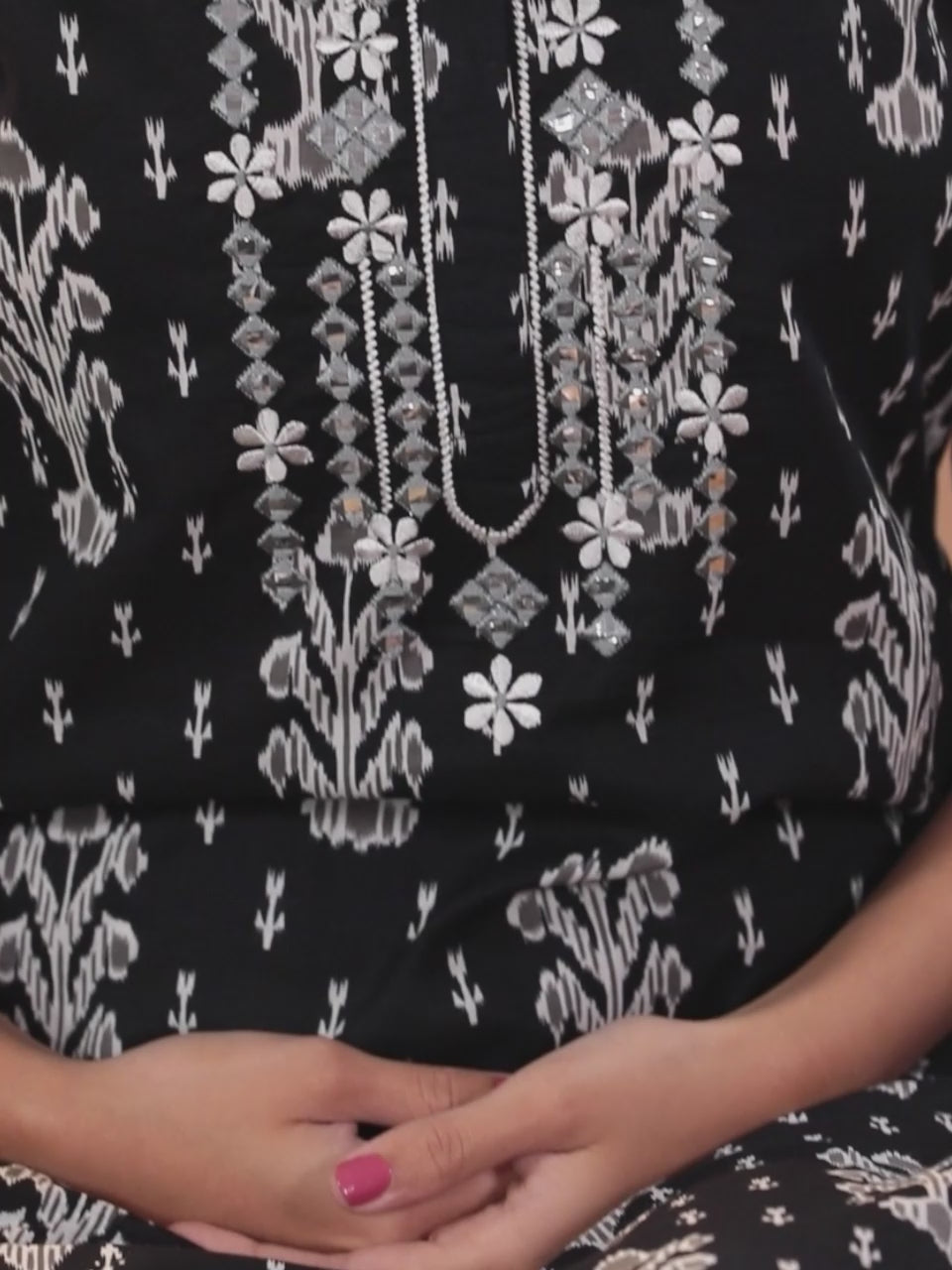  Black Printed Cotton Straight Kurta With Trousers & Dupatta 