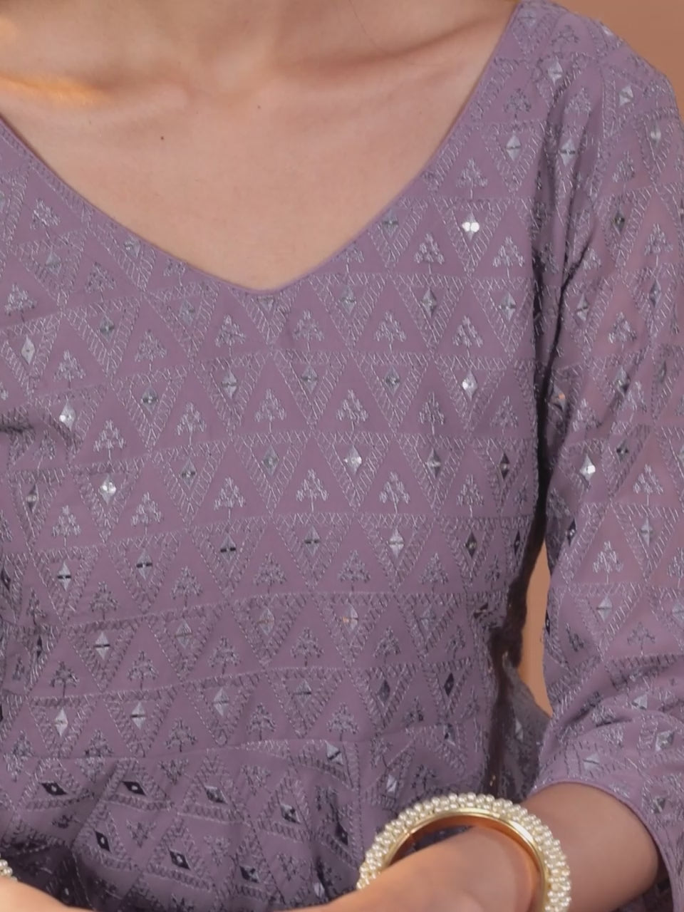  Lavender Embroidered Georgette Anarkali Kurta With Churidar & Dupatta 