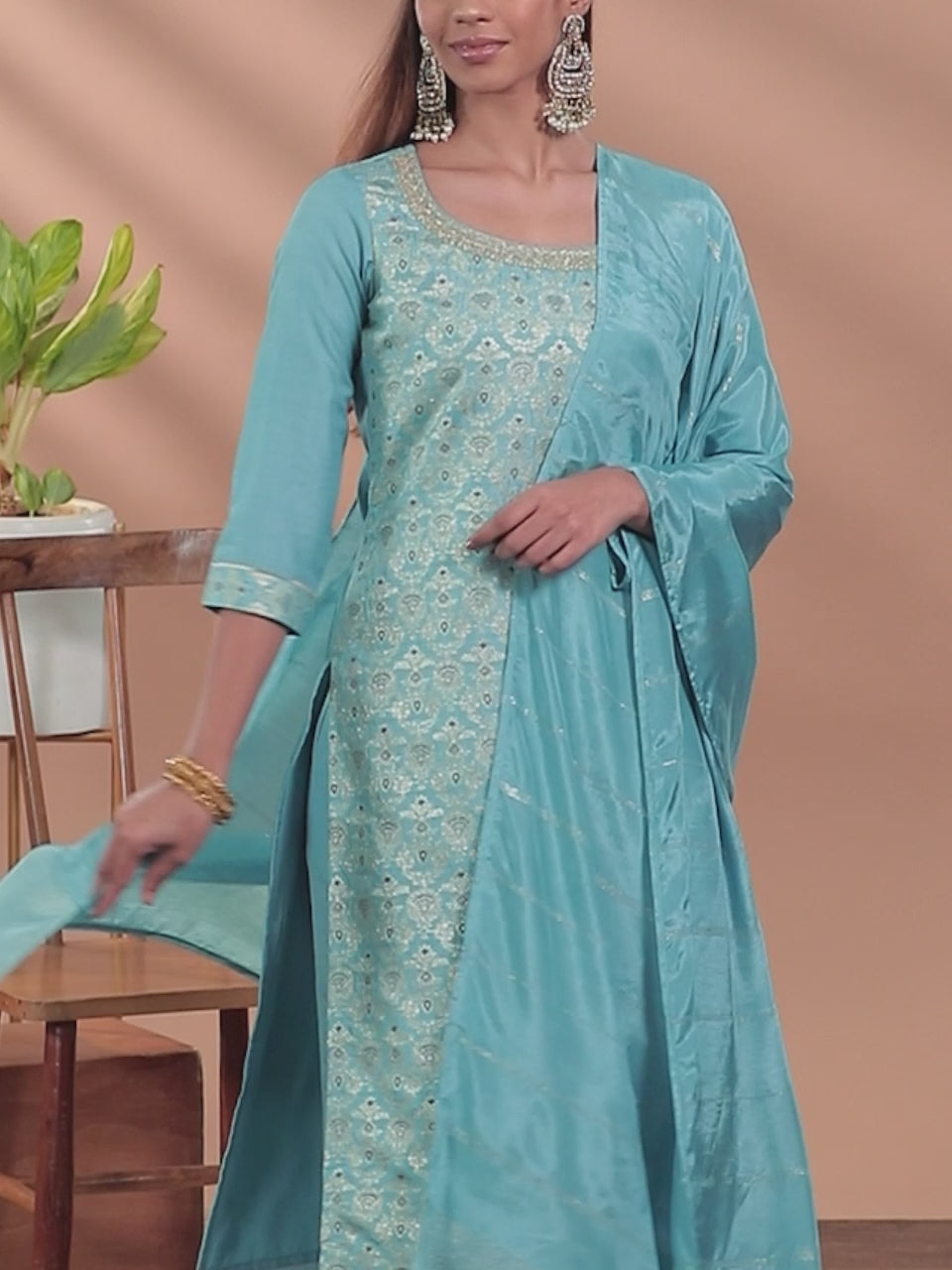  Blue Woven Design Silk Blend Straight Suit With Dupatta 