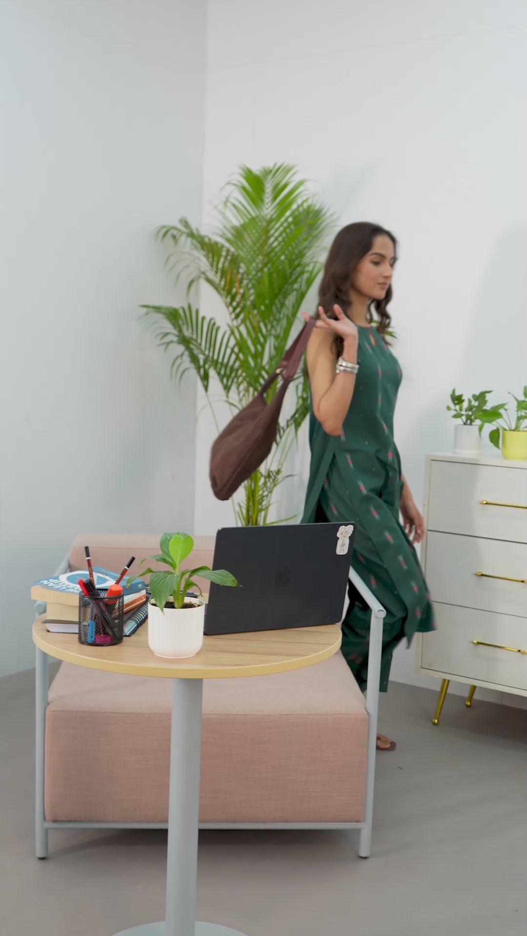  Green Floral Woven Design Cotton Blend A-Line Kurta Set 