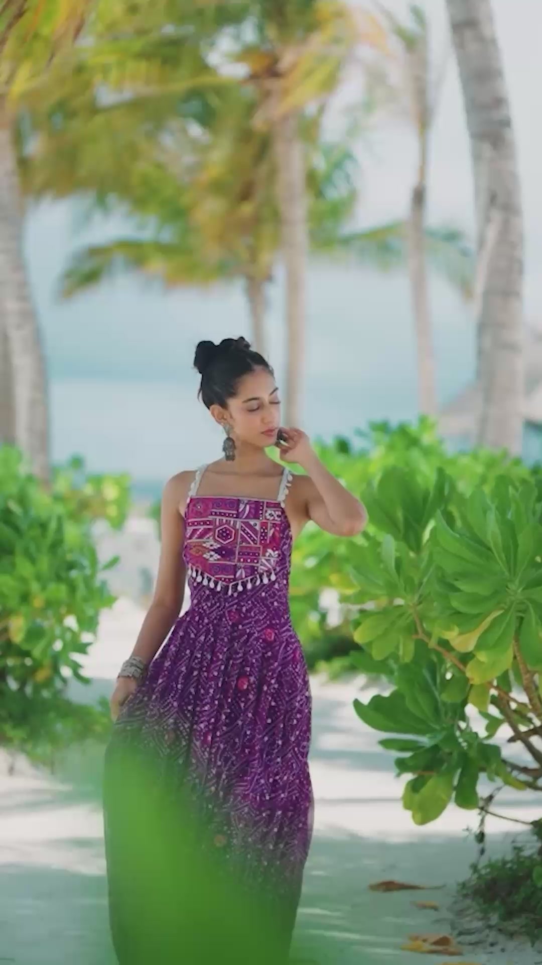  Purple Bandhani Printed Georgette Fit-And-Flare One-Piece Dress 