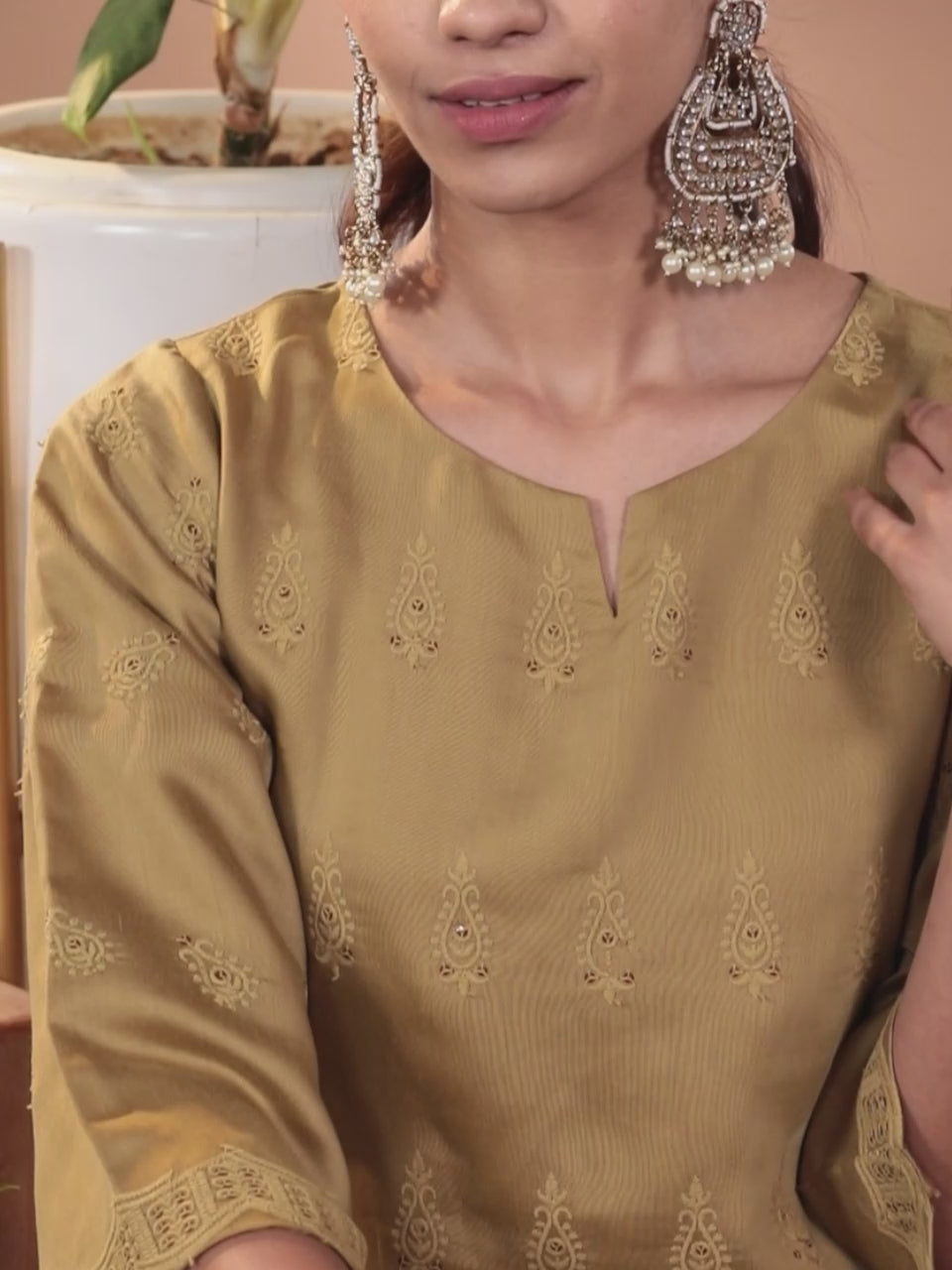  Mustard Embroidered Chanderi Silk Straight Kurta With Trousers & Dupatta 