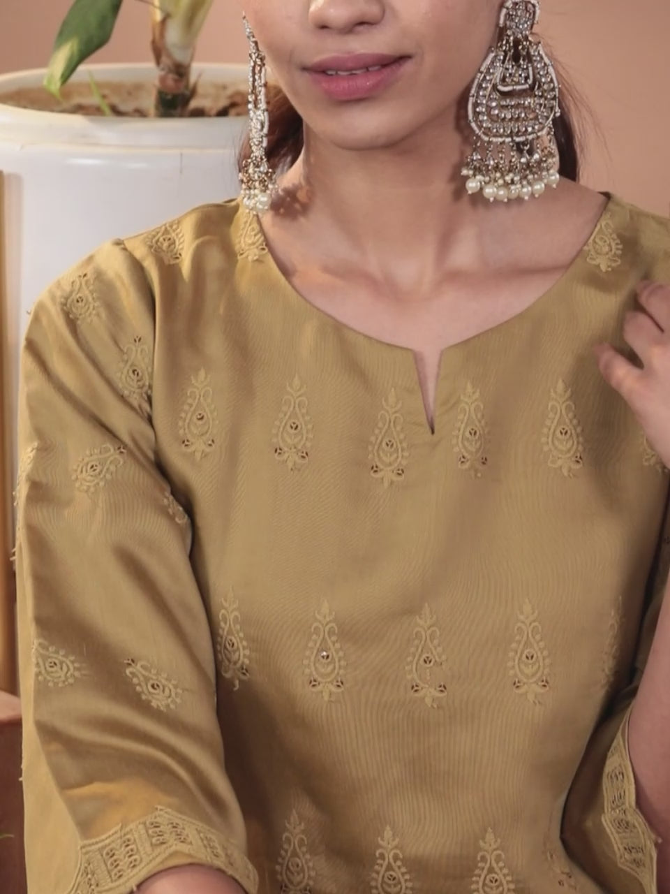 Mustard Embroidered Chanderi Silk Straight Kurta With Trousers & Dupatta