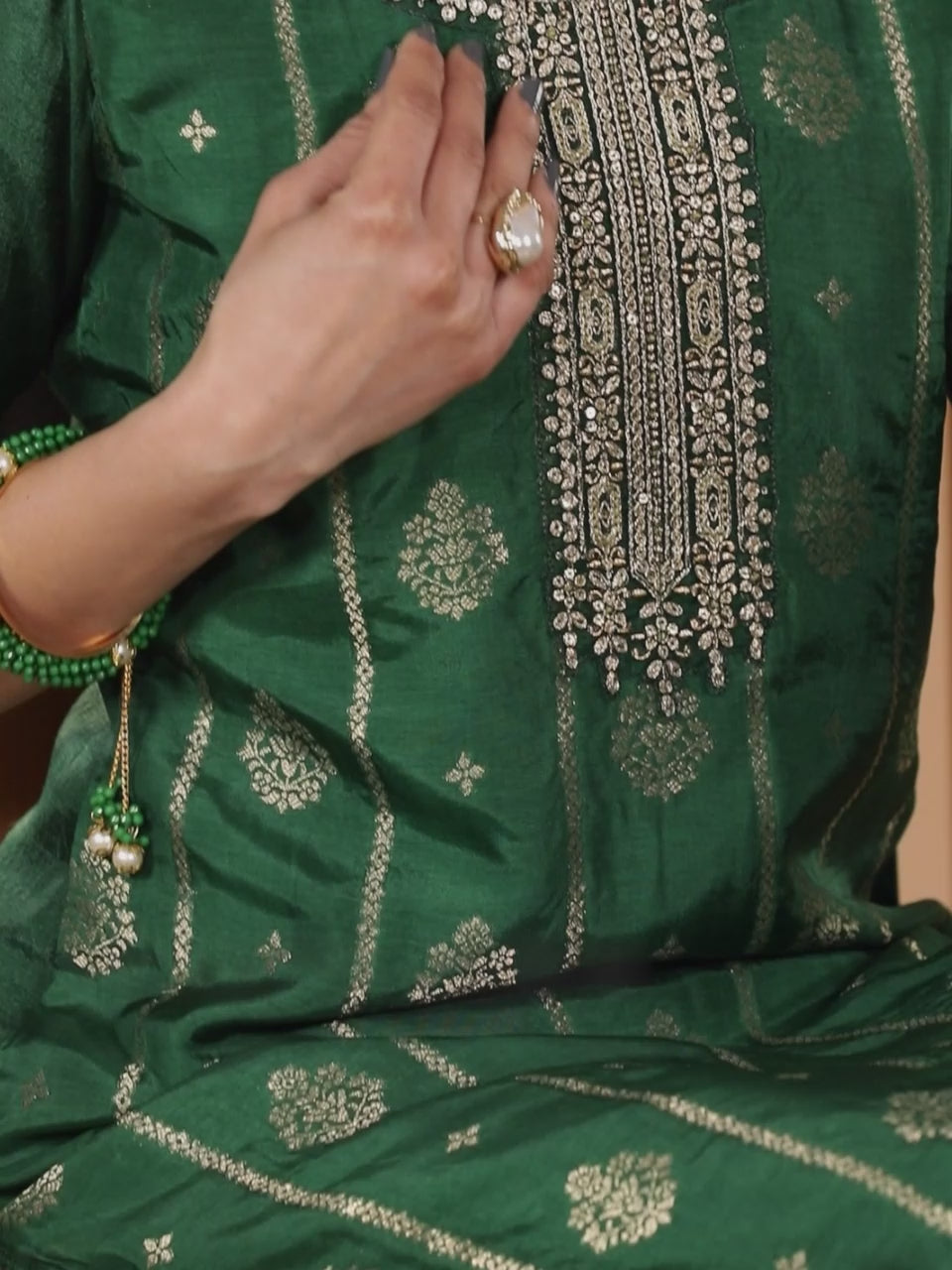  Green Self Design Silk Straight Kurta With Trousers & Dupatta 