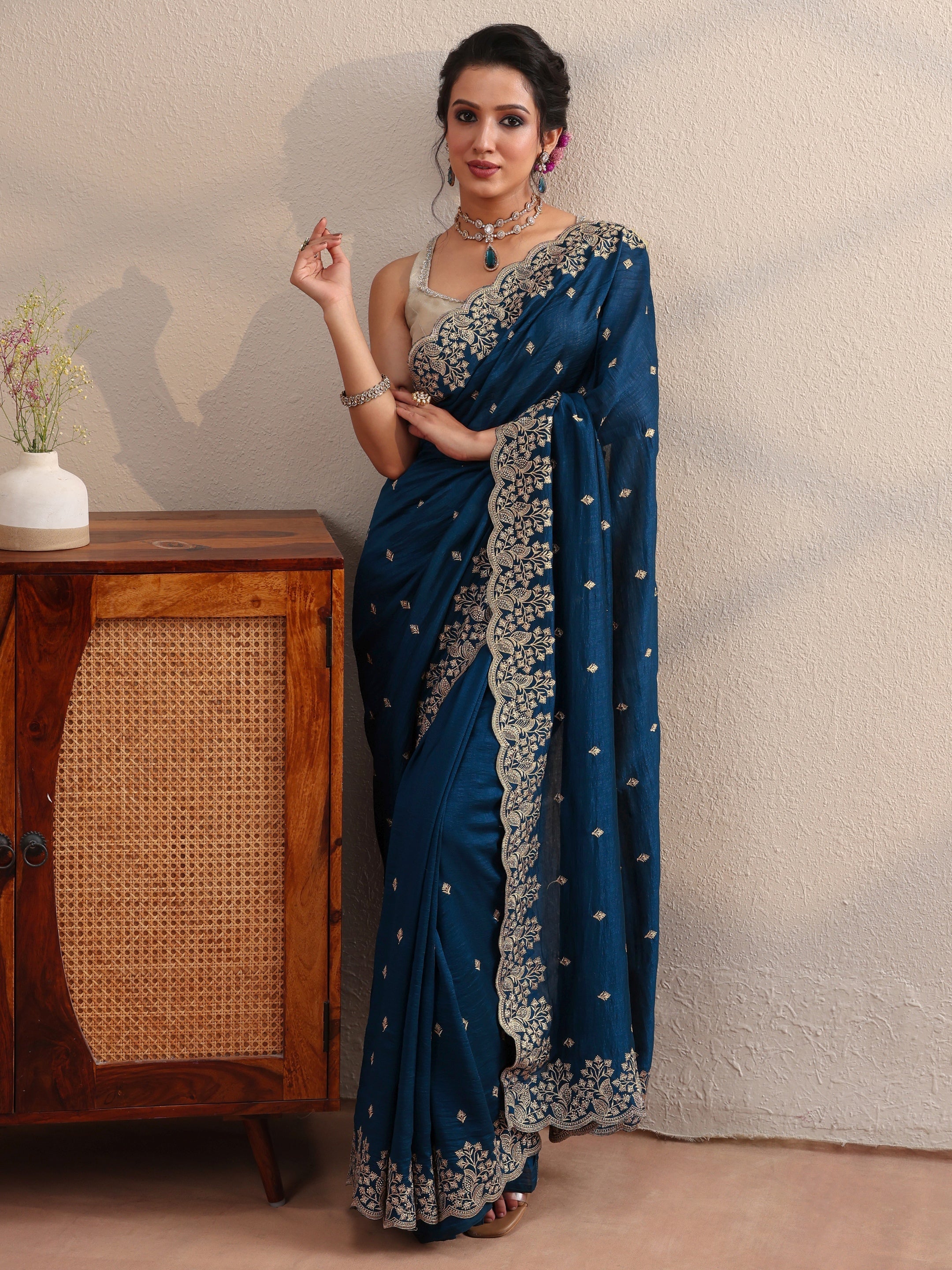 Prussian Blue Embroidered Silk Blend Saree-image-8