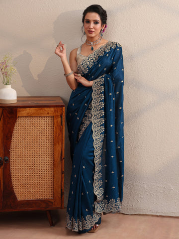 Prussian Blue Embroidered Silk Blend Saree