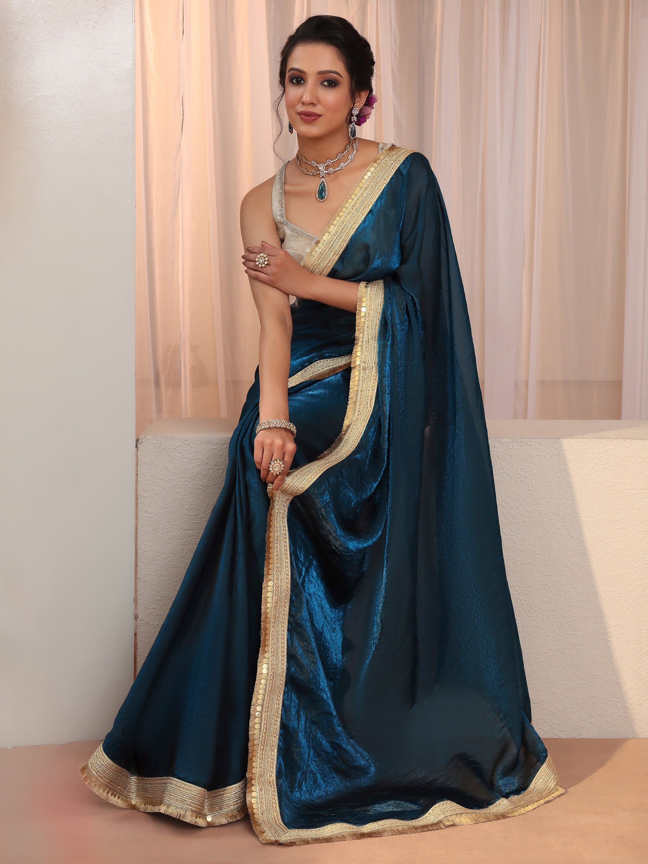 Prussian Blue Tissue Saree With Embellished Border-image-9