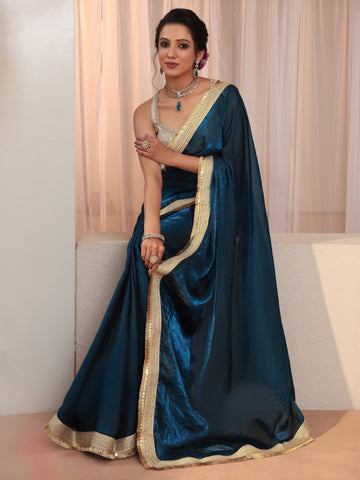 Prussian Blue Tissue Saree With Embellished Border