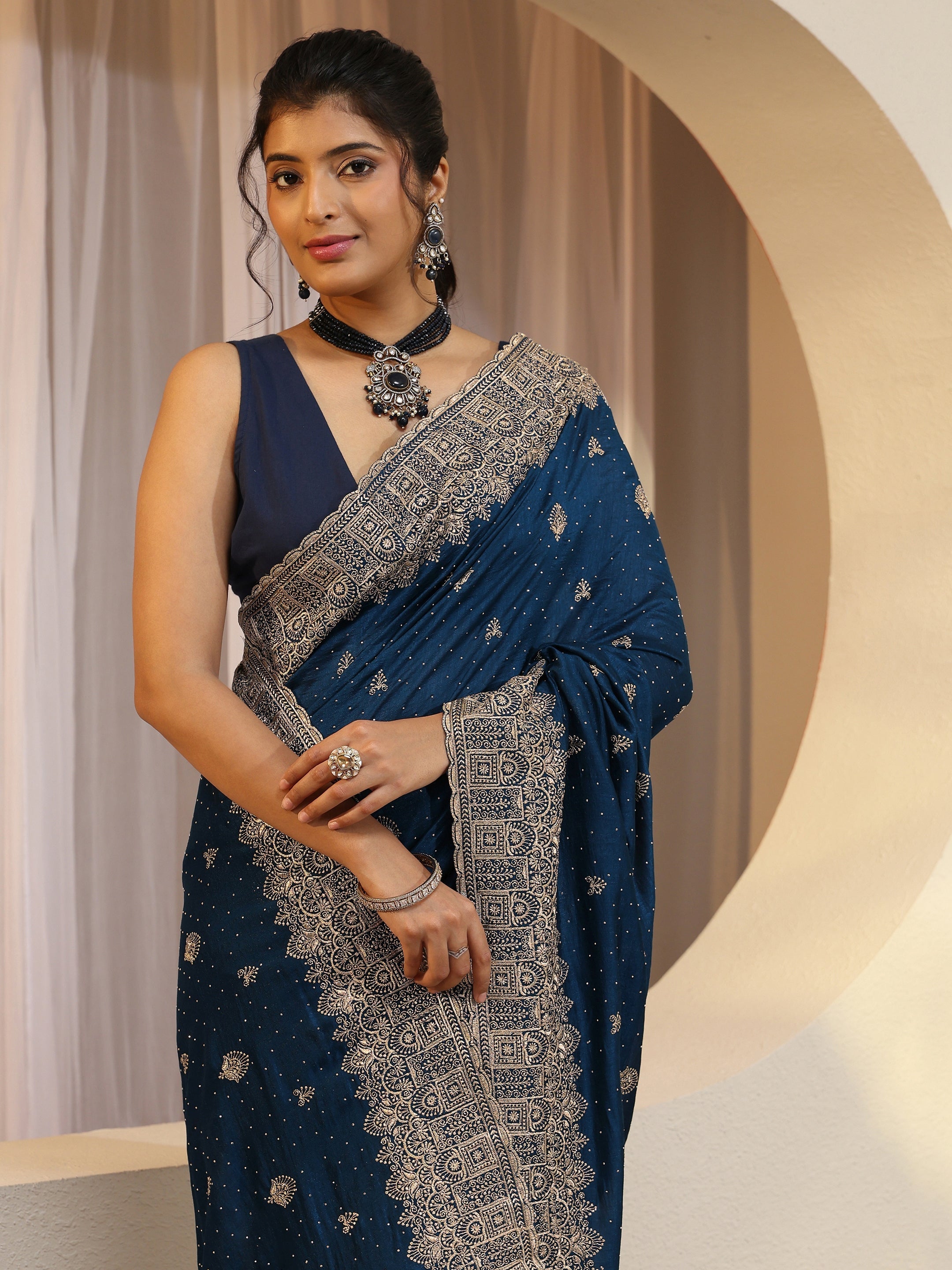 Prussian Blue Tissue Saree With Embellished Border-image-1