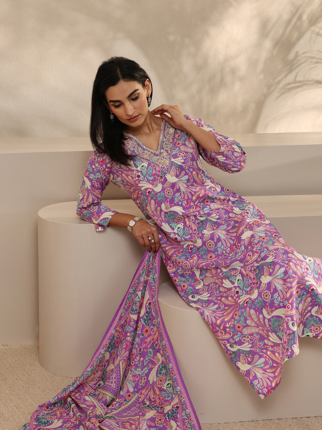 Purple Abstract Printed Cotton Straight Suit Set With Dupatta