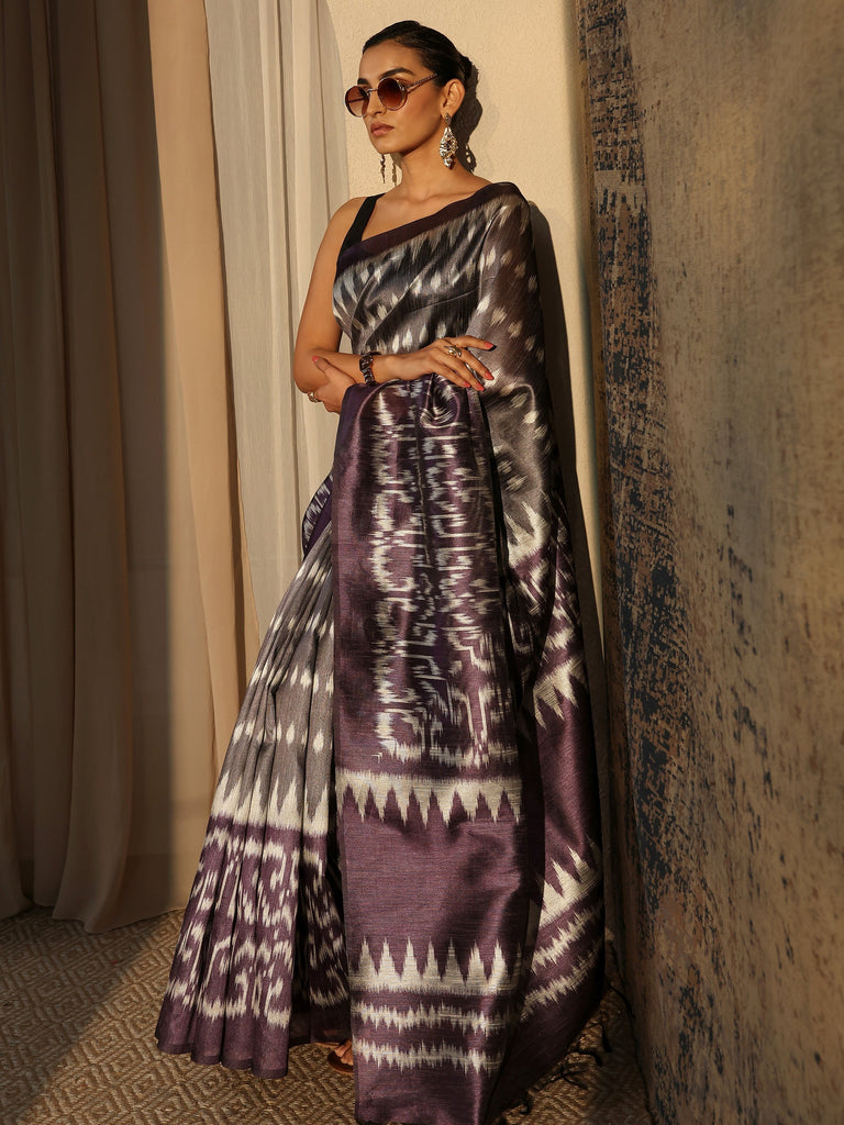 Libas Purple Abstract Printed Silk Saree With Unstitched Blouse Piece