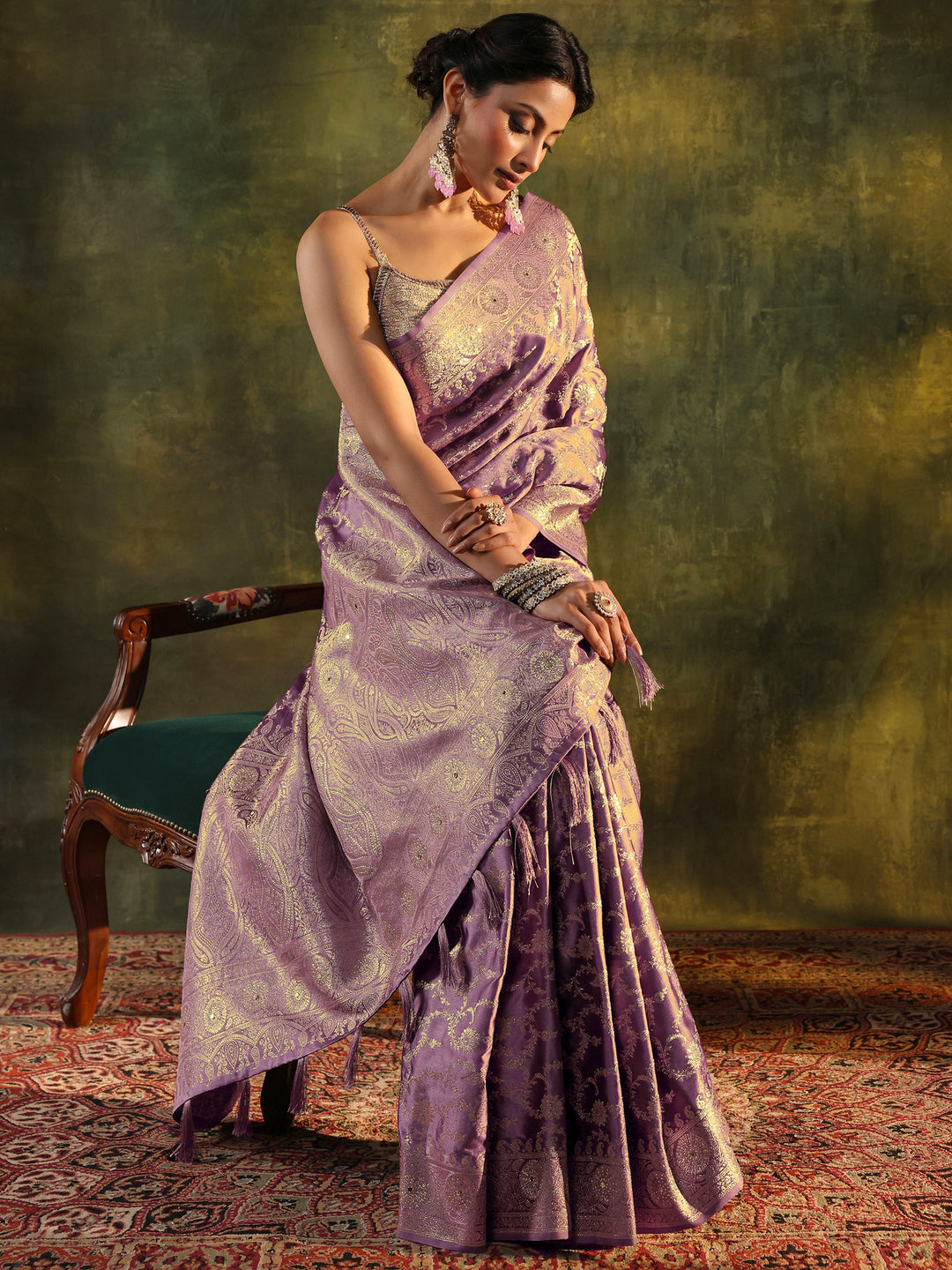 Purple Banarasi Satin Saree With Unstitched Blouse Piece