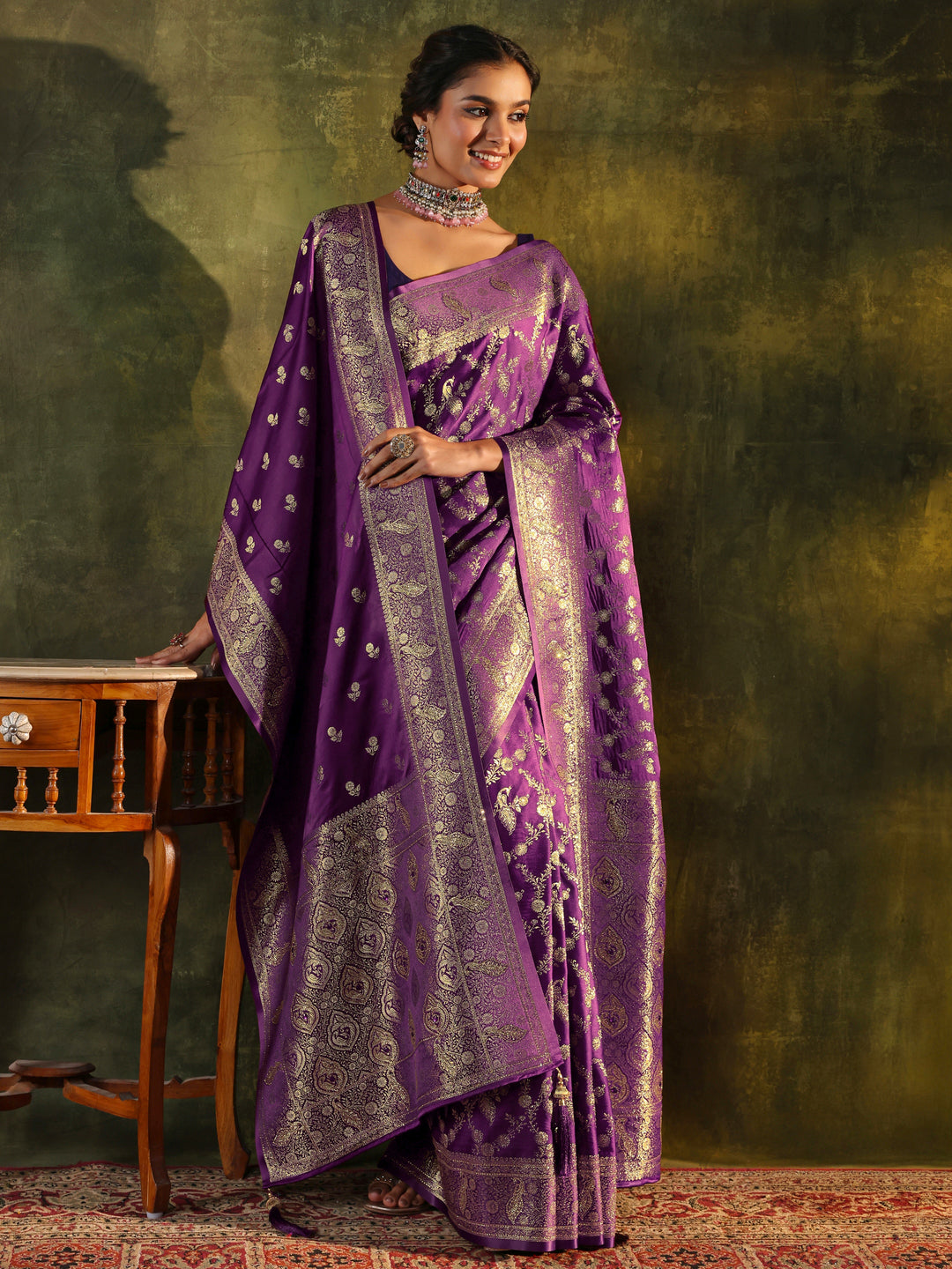 Purple Banarasi Silk Saree With Unstitched Blouse And Dupatta