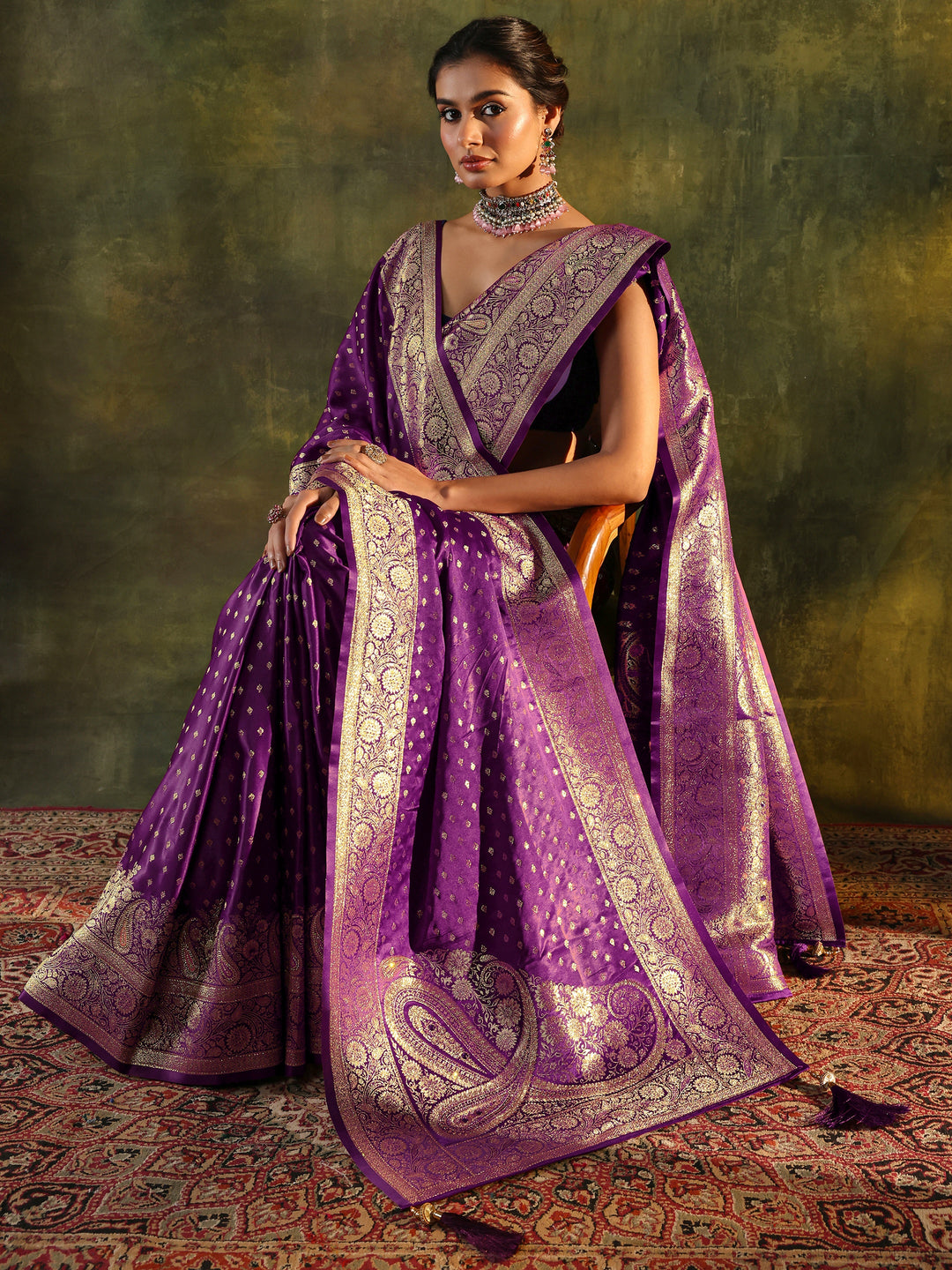  Purple Banarasi Silk Saree With Unstitched Blouse And Dupatta 