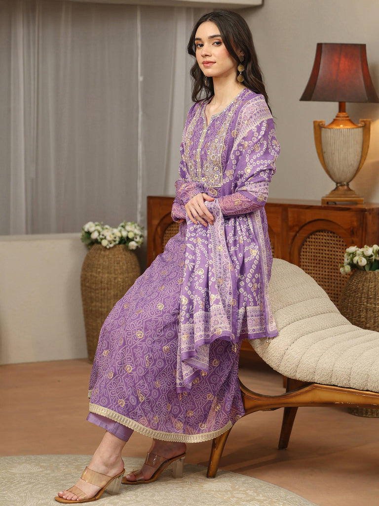 Libas Purple Bandhani Chiffon Anarkali Suit Set