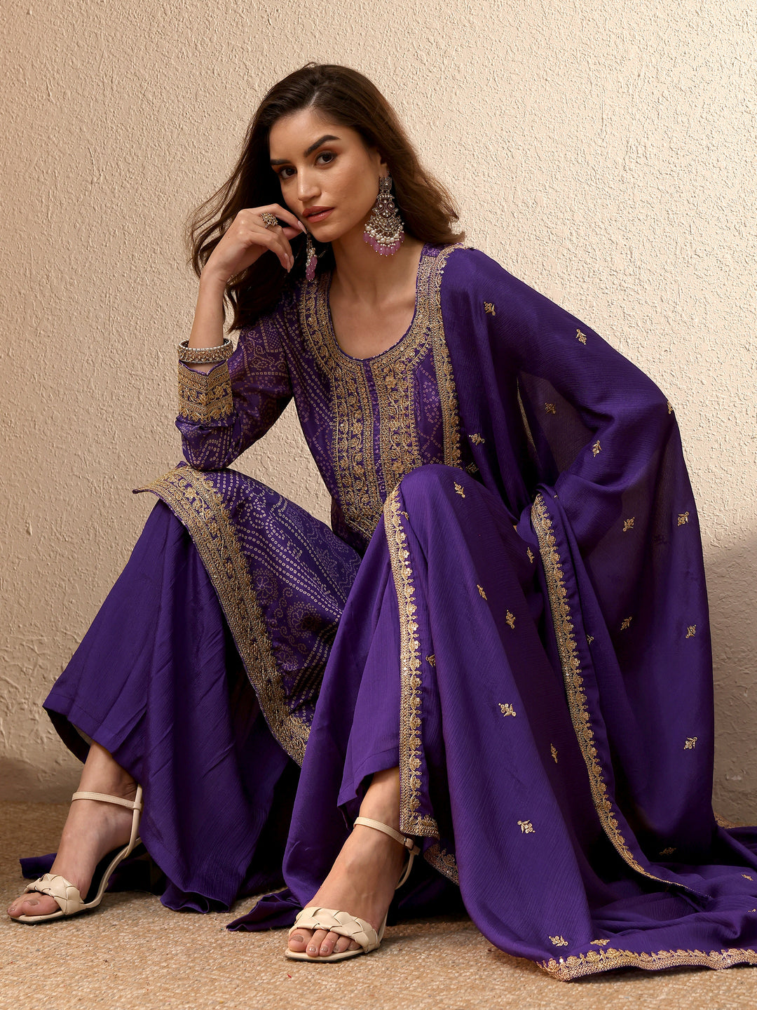 Purple Bandhani Printed Chinon Straight Sharara Suit Set With Dupatta