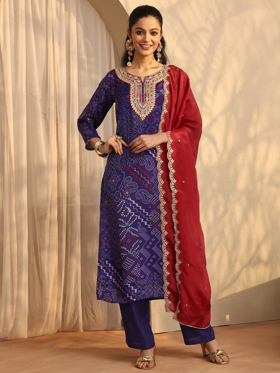 Purple Bandhani Printed Organza Suit Set With Dupatta