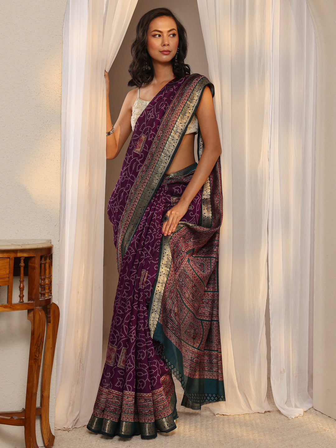  Purple Bandhani Printed Silk Blend Saree With Unstitched Blouse Piece 