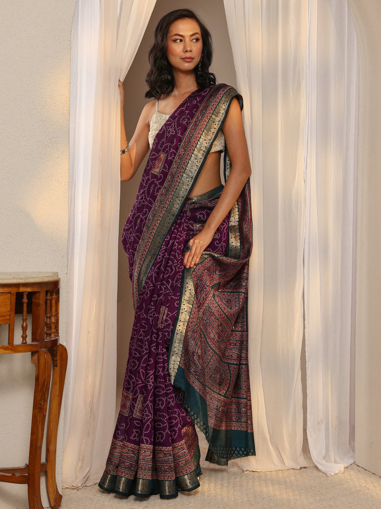 Libas Purple Bandhani Printed Silk Blend Saree With Unstitched Blouse Piece
