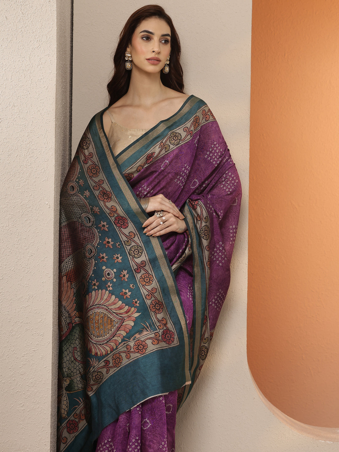  Purple Bandhani Printed Silk Blend Saree With Unstitched Blouse Piece 