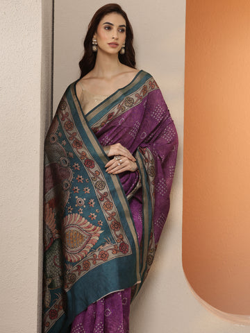 Purple Bandhani Printed Silk Blend Saree With Unstitched Blouse Piece
