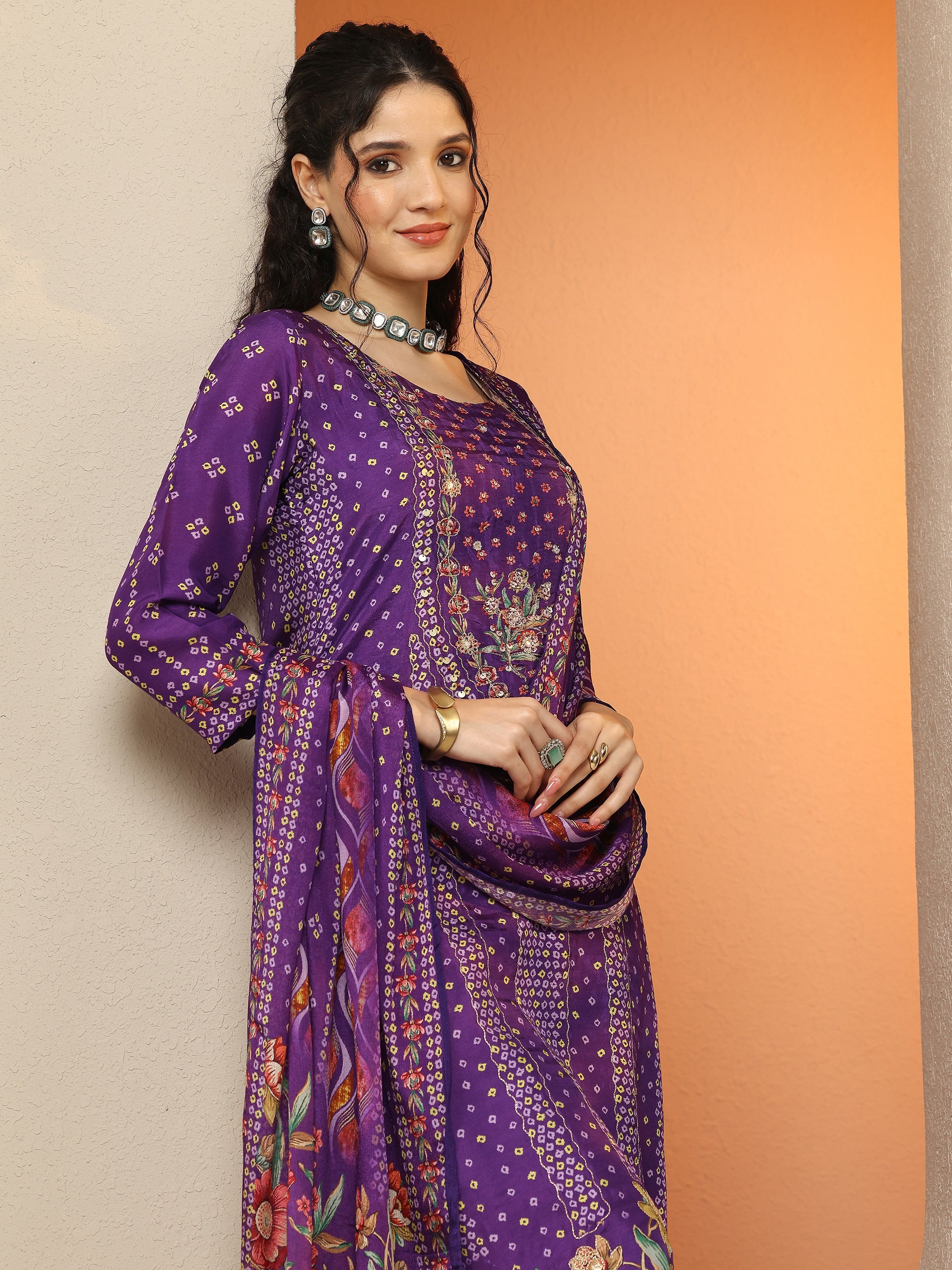 libas Purple Bandhani Printed Silk Blend Straight Suit Set With Dupatta-picture-66