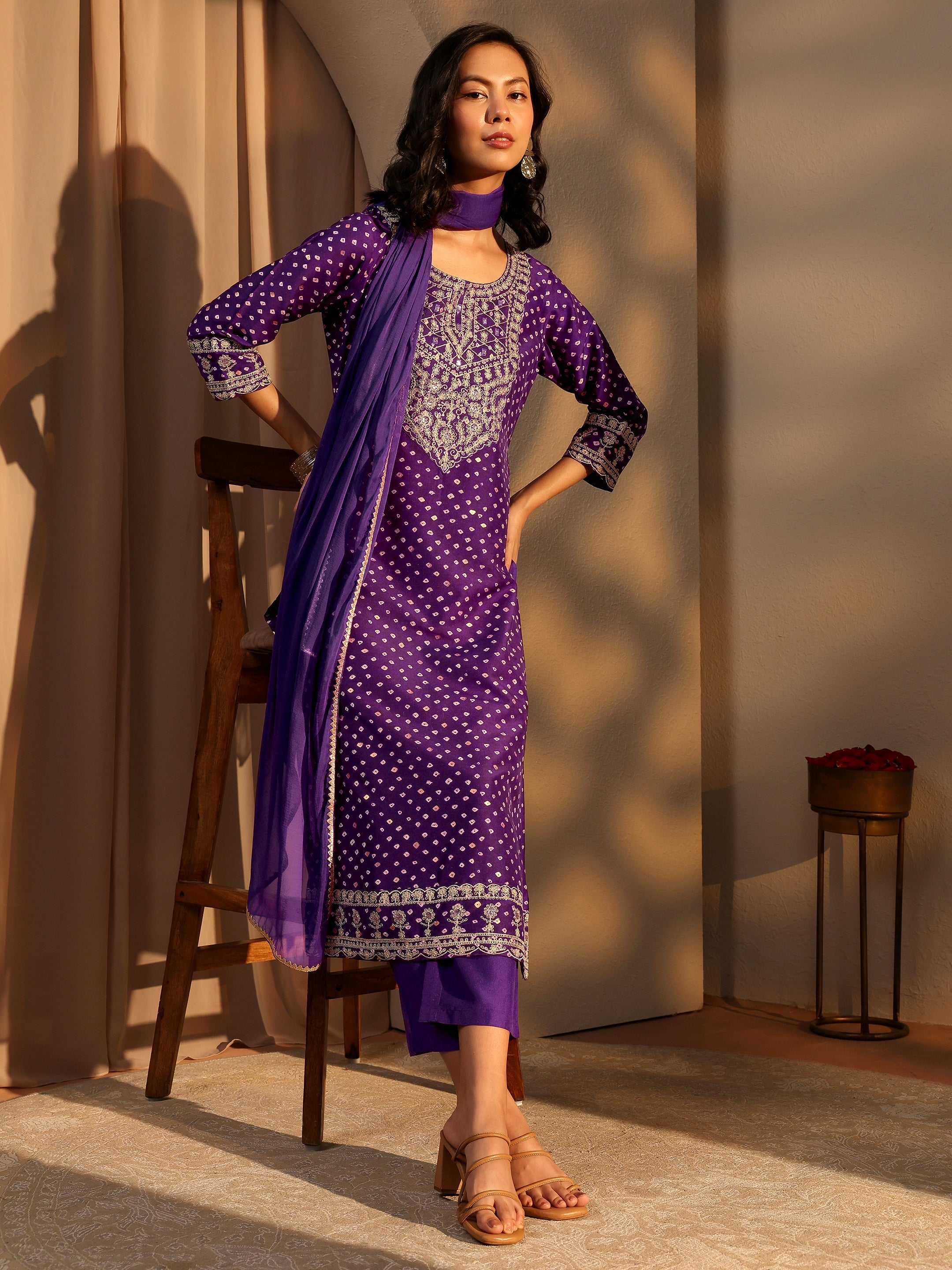 libas Purple Bandhani Printed Silk Blend Straight Suit Set With Dupatta-picture-22