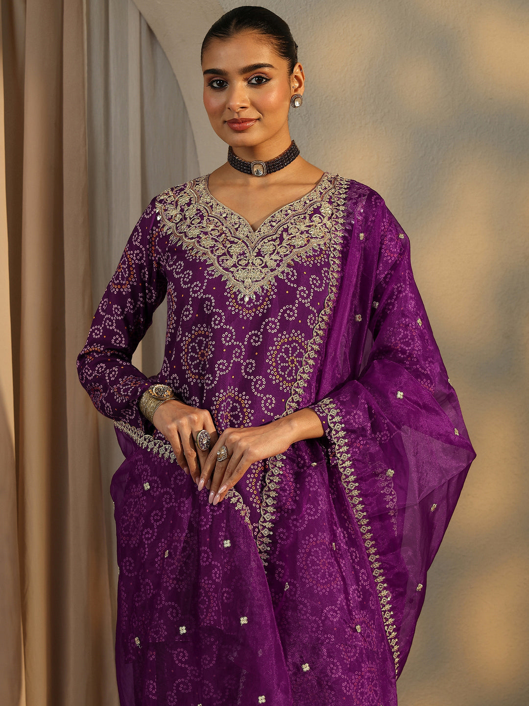  Purple Bandhani Printed Silk Blend Straight Suit Set With Dupatta 